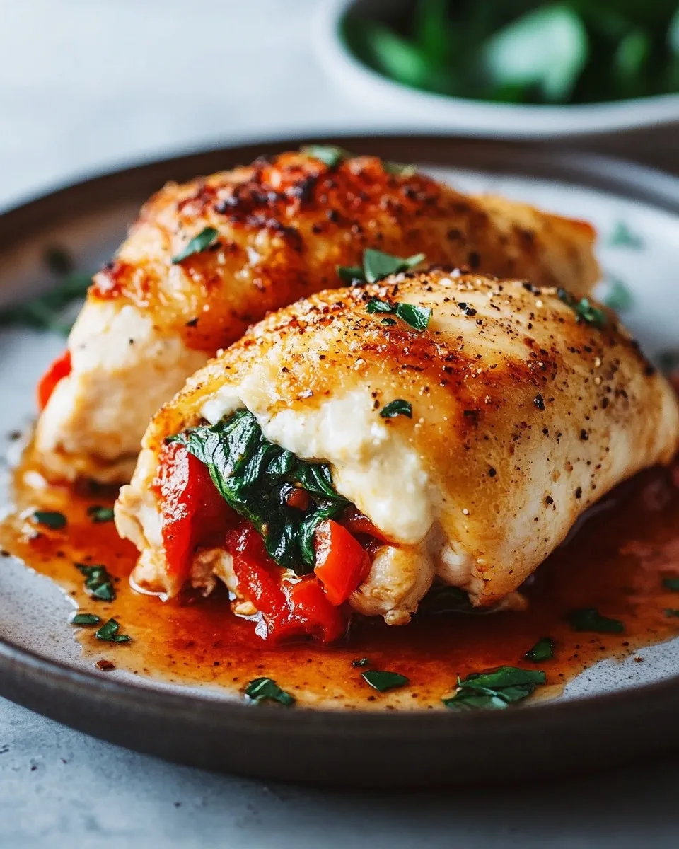 Pollo Relleno de Pimientos Rojos Asados, Espinacas y Mozzarella
