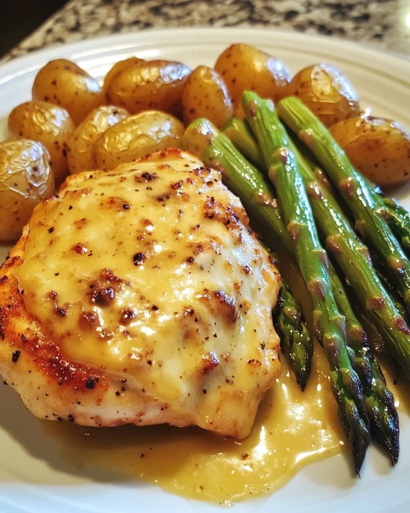 Pollo con Miel y Mostaza con Espárragos Asados y Queso