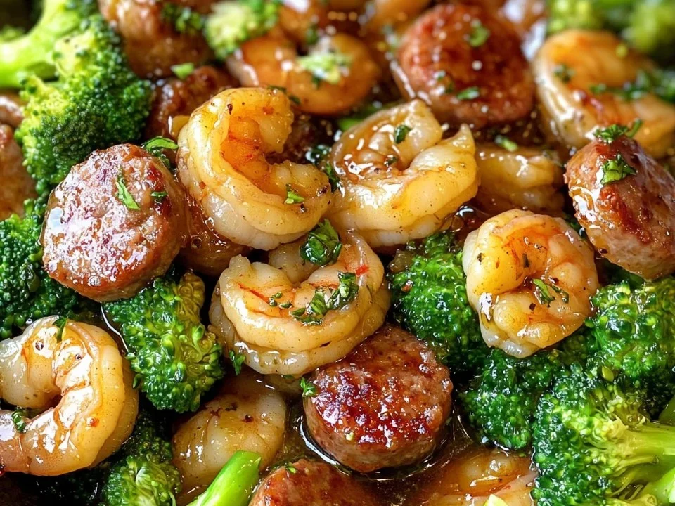 Camarones con Miel y Ajo, Salchicha y Brócoli