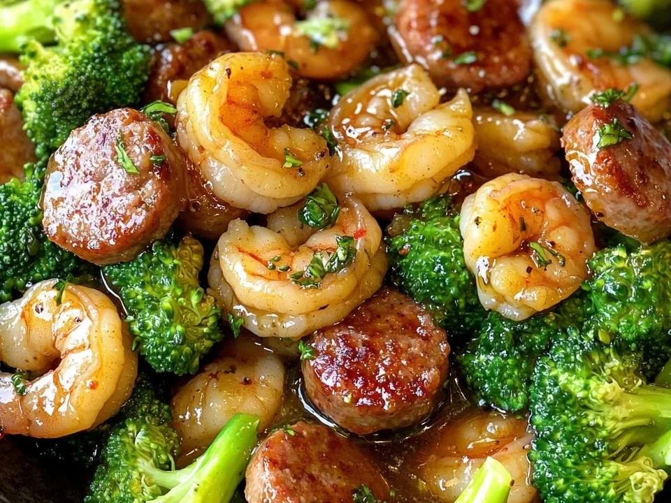 Camarones con Miel y Ajo, Salchicha y Brócoli