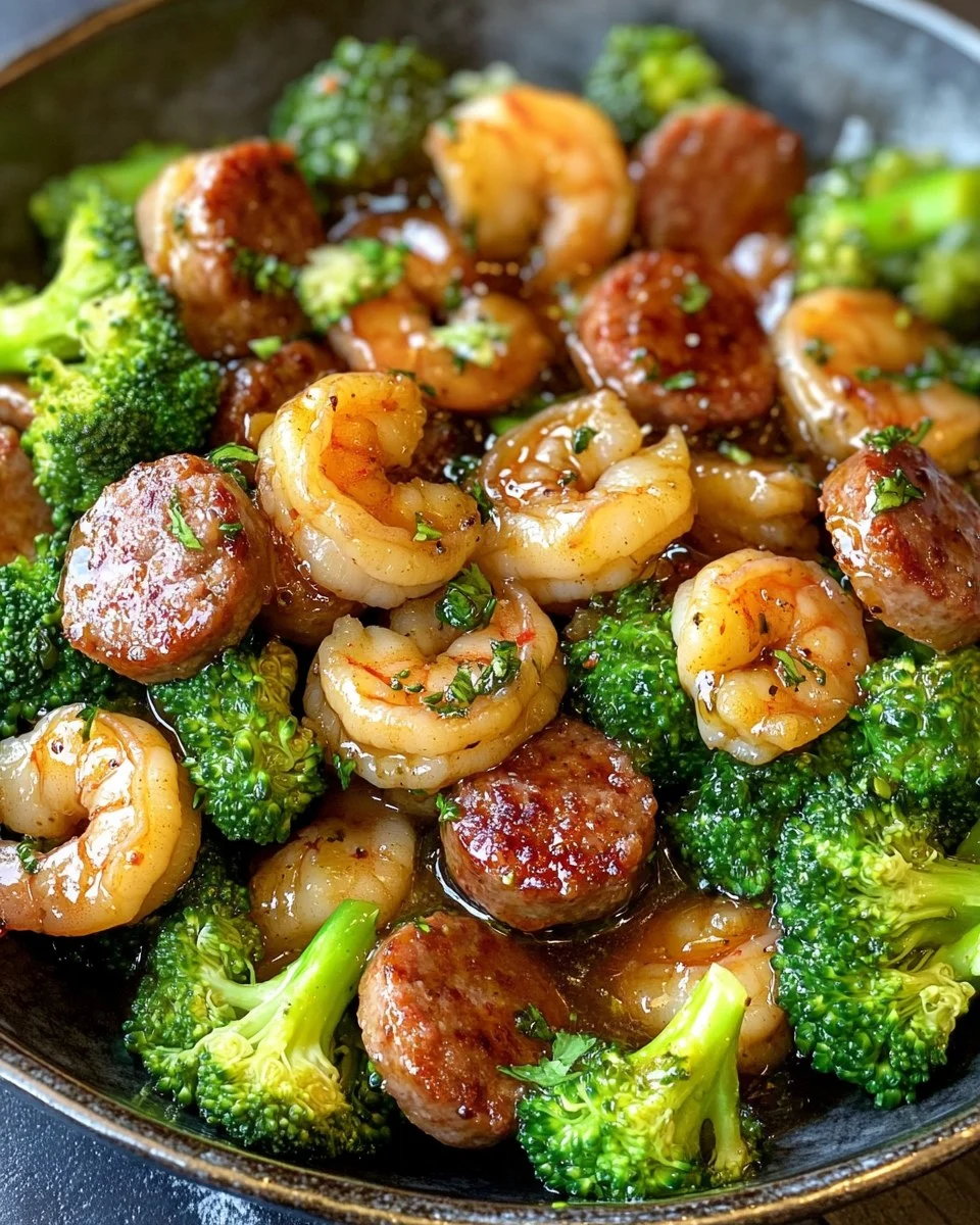Camarones con Miel y Ajo, Salchicha y Brócoli