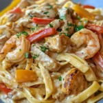 Pasta cremosa con camarones y pollo cajún