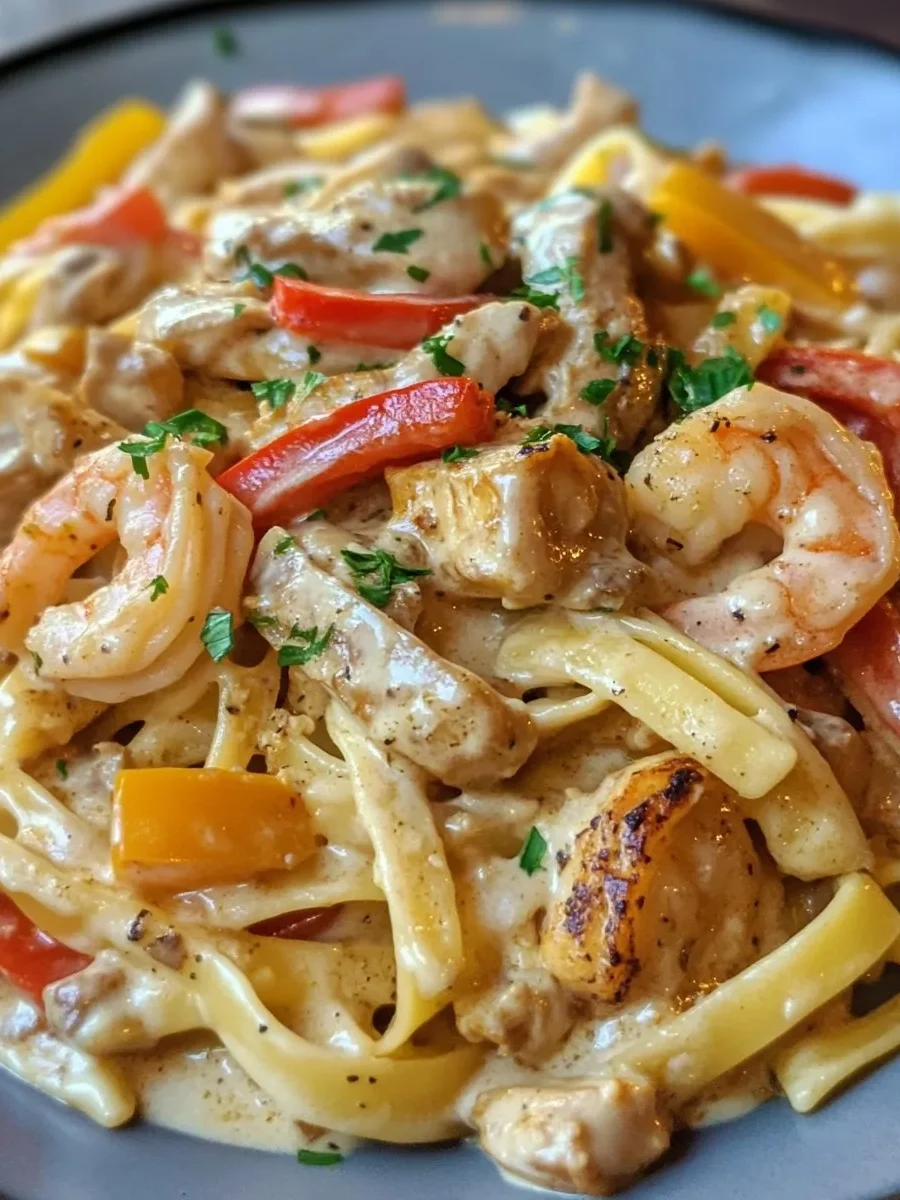 Pasta cremosa con camarones y pollo cajún