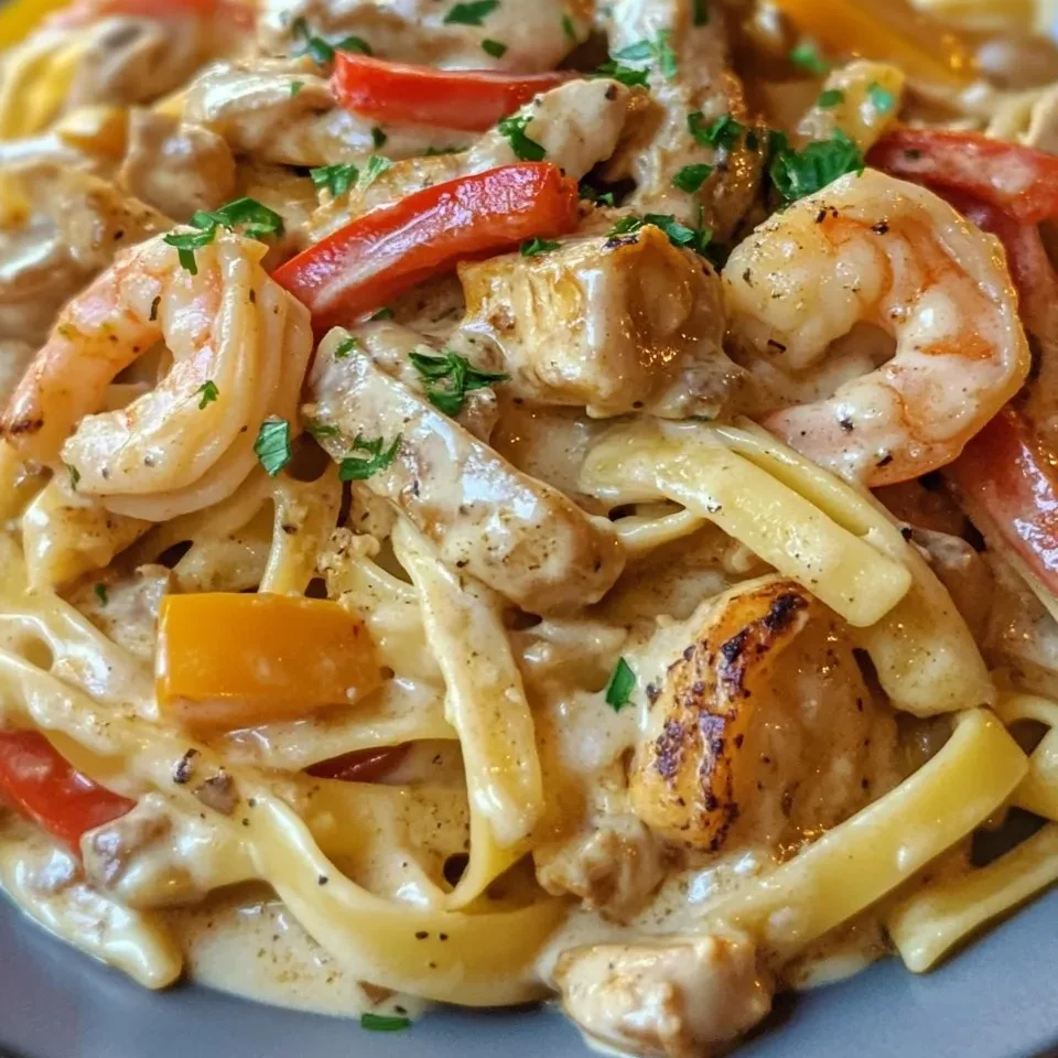 Pasta cremosa con camarones y pollo cajún