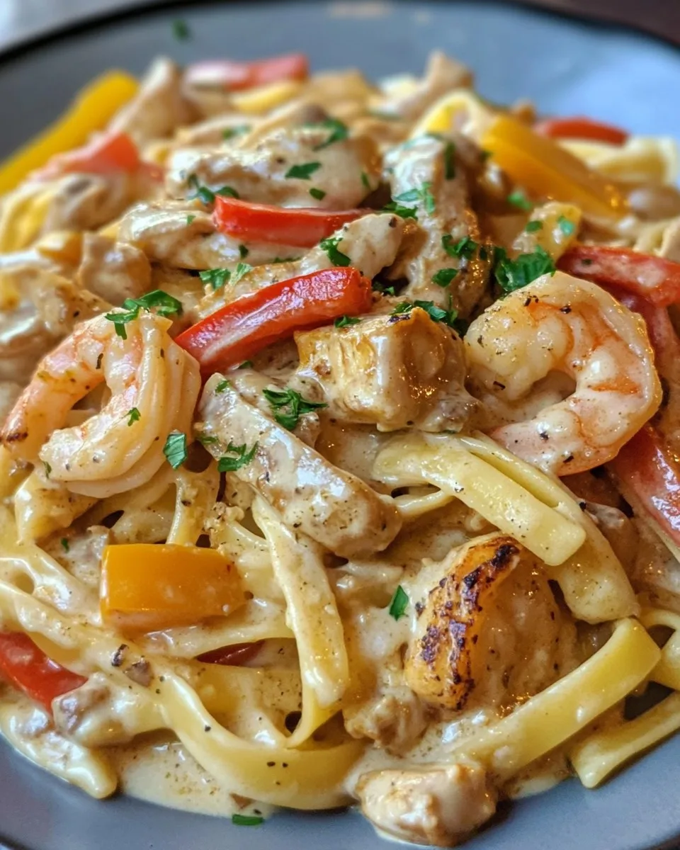 Pasta cremosa con camarones y pollo cajún