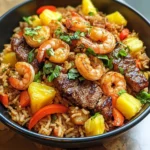 Jerk Steak y Camarones sobre Arroz Pilaf Tropical