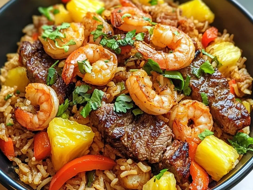 Jerk Steak y Camarones sobre Arroz Pilaf Tropical