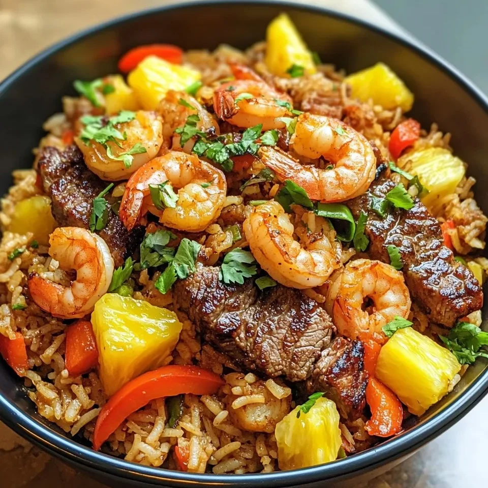 Jerk Steak y Camarones sobre Arroz Pilaf Tropical