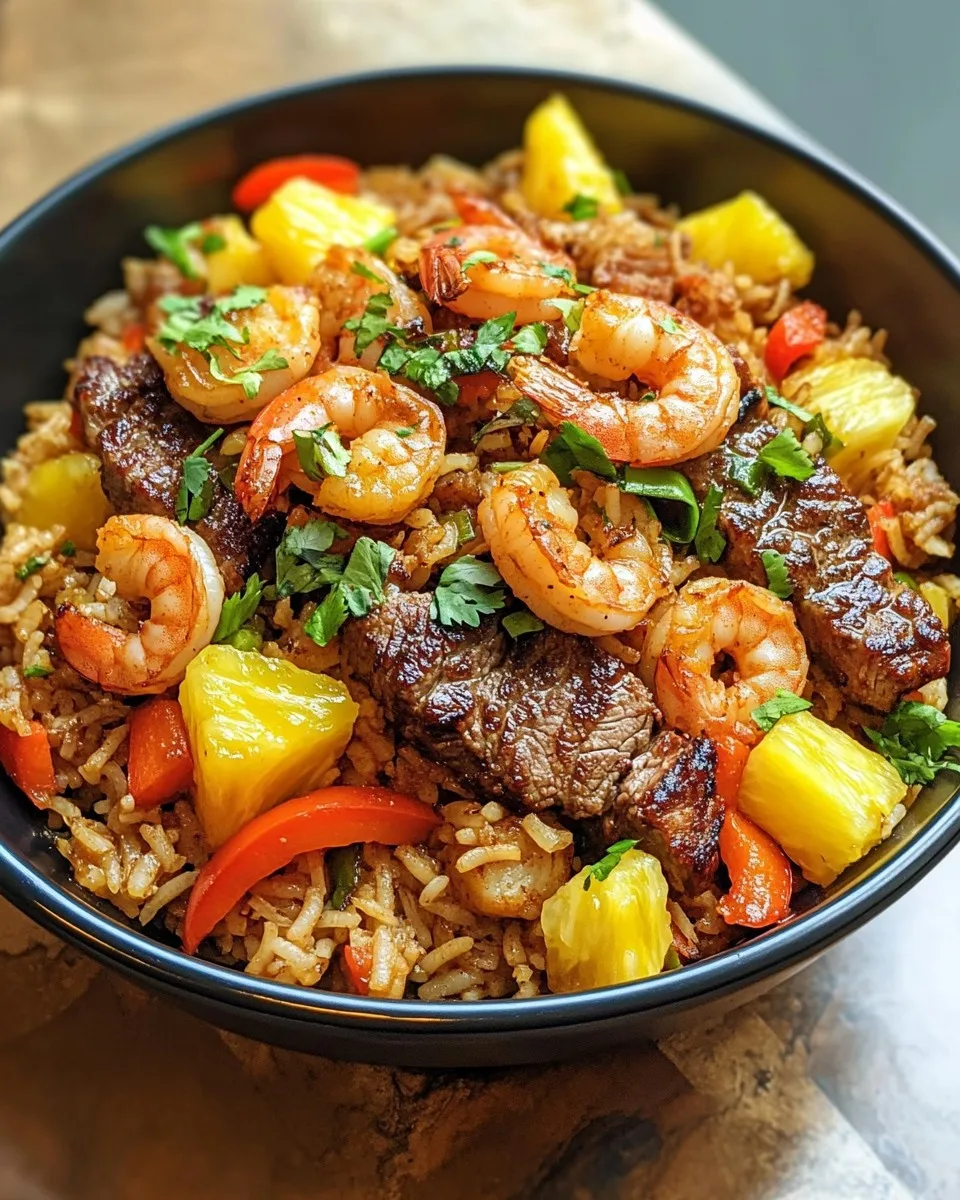 Jerk Steak y Camarones sobre Arroz Pilaf Tropical
