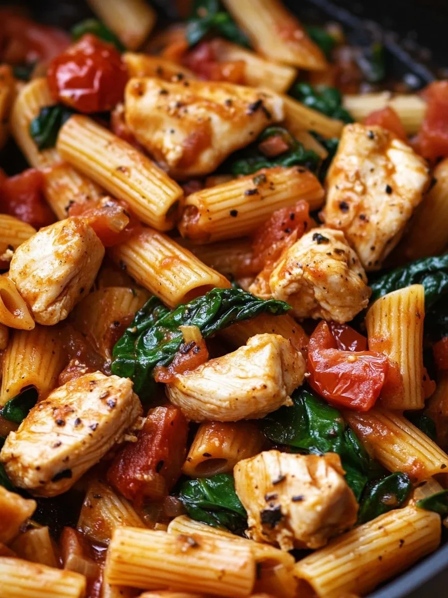 Pasta con Pollo, Tomate y Espinacas en una Sola Olla