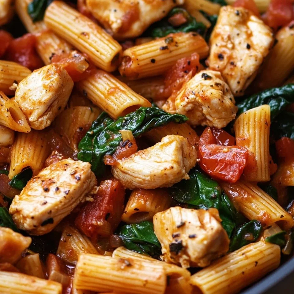Pasta con Pollo, Tomate y Espinacas en una Sola Olla