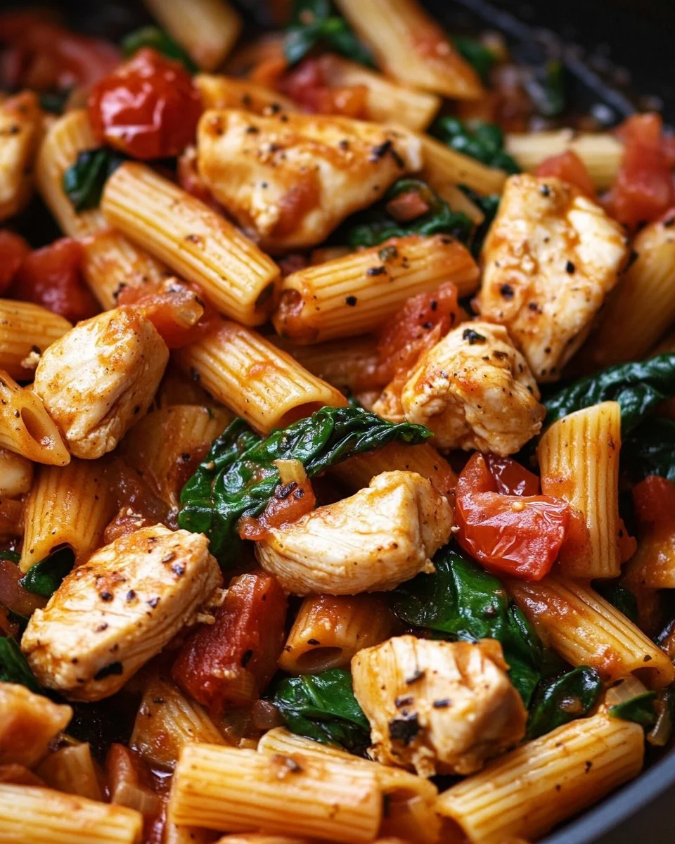 Pasta con Pollo, Tomate y Espinacas en una Sola Olla