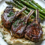 Chuletas de Cordero sobre Puré de Langosta con Espárragos