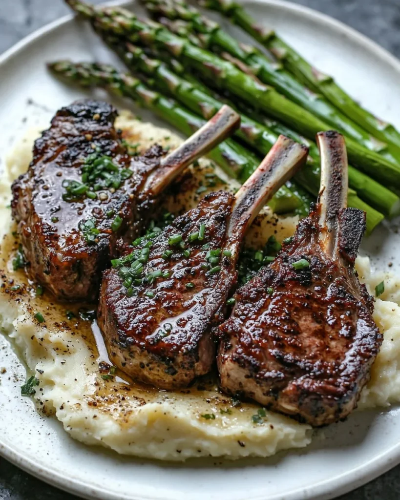 Chuletas de Cordero sobre Puré de Langosta con Espárragos
