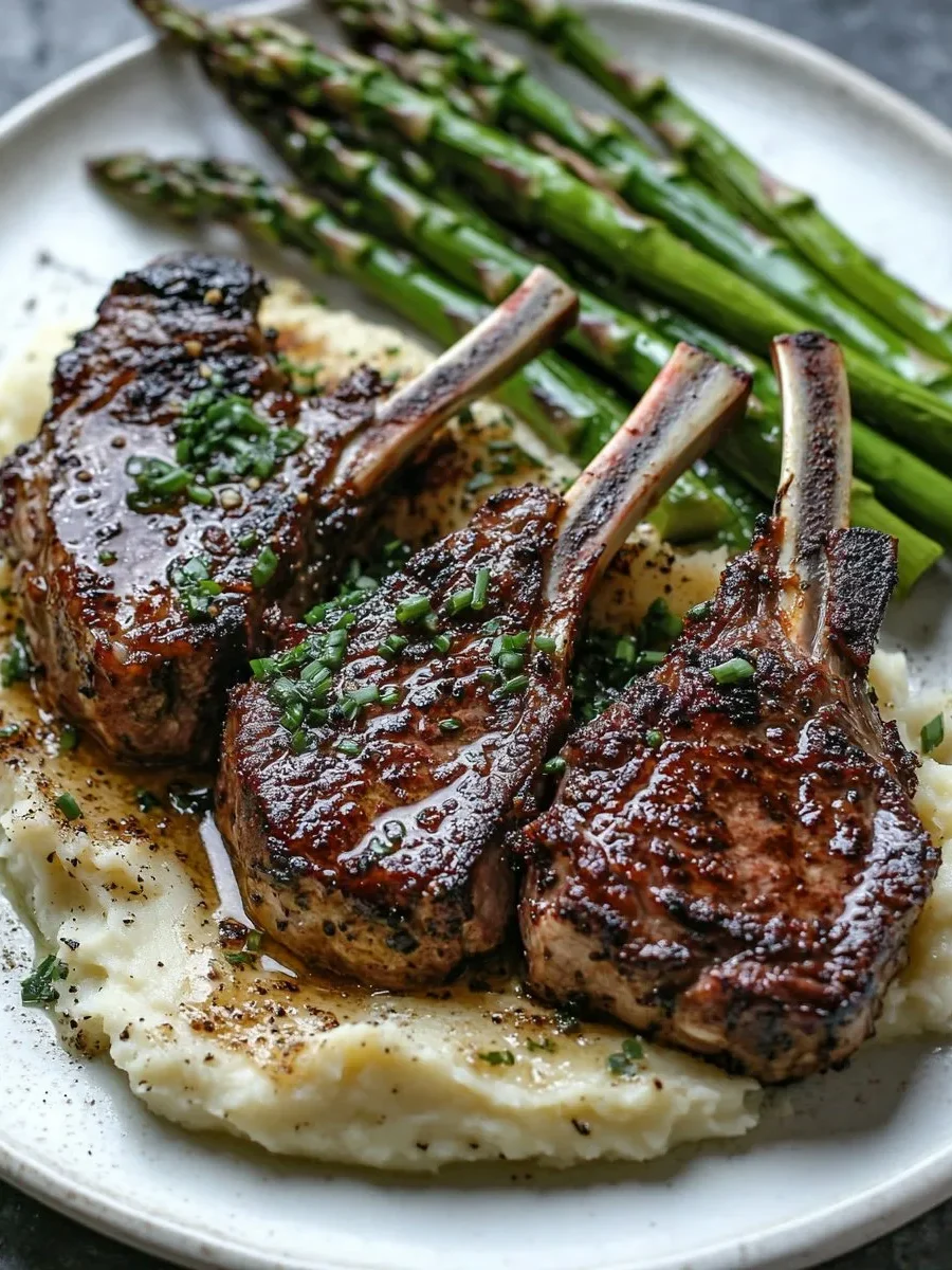 Chuletas de Cordero sobre Puré de Langosta con Espárragos