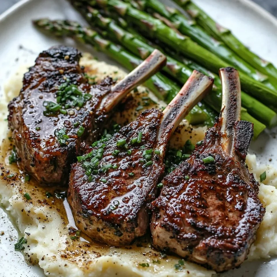 Chuletas de Cordero sobre Puré de Langosta con Espárragos