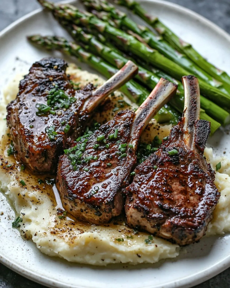 Chuletas de Cordero sobre Puré de Langosta con Espárragos