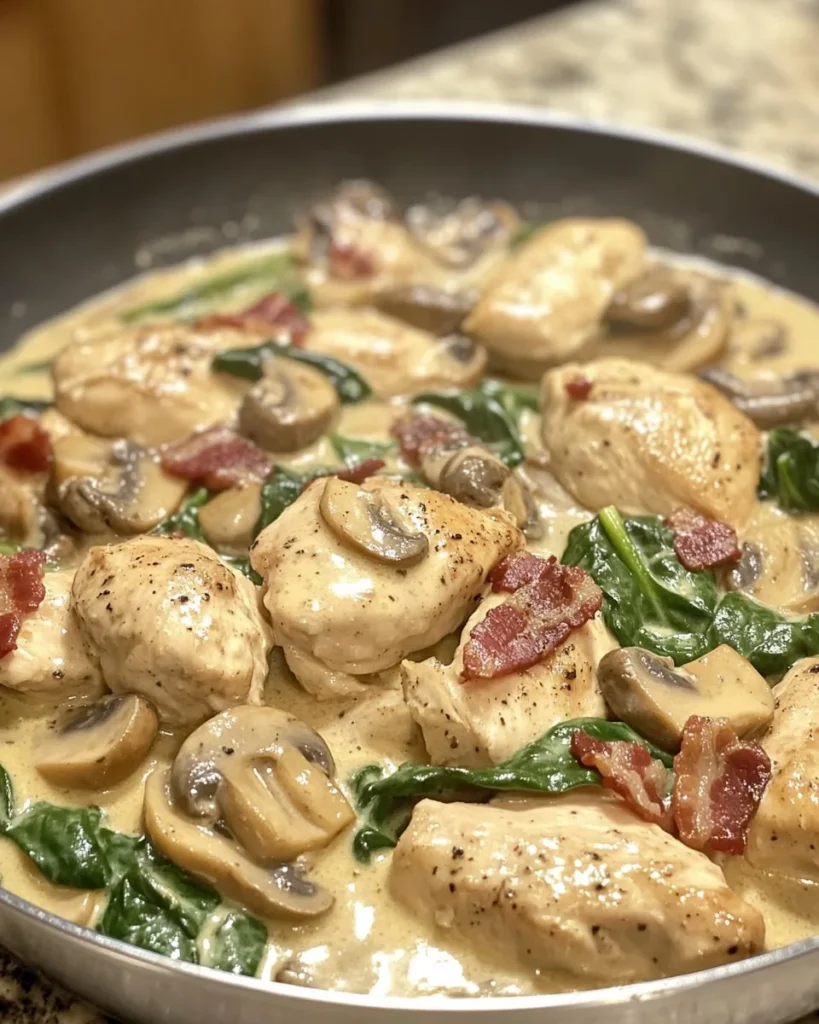 Pollo con Champiñones y Espinacas con Tocino en Salsa Cremosa