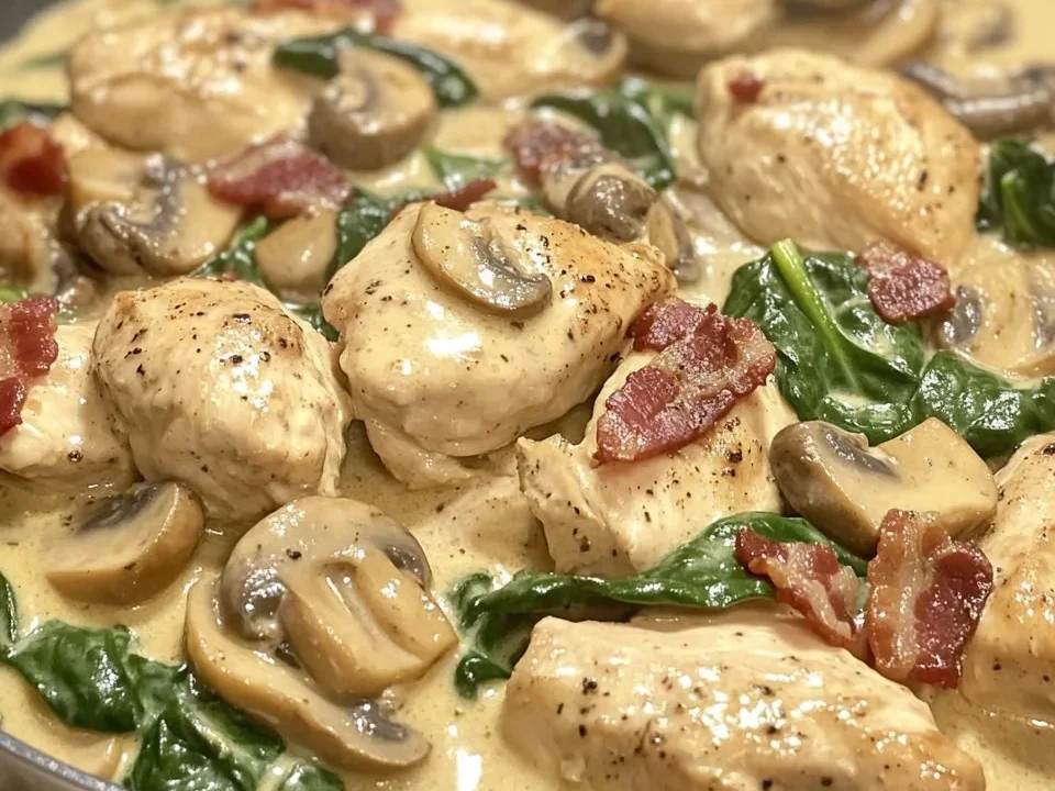 Pollo con Champiñones y Espinacas con Tocino en Salsa Cremosa