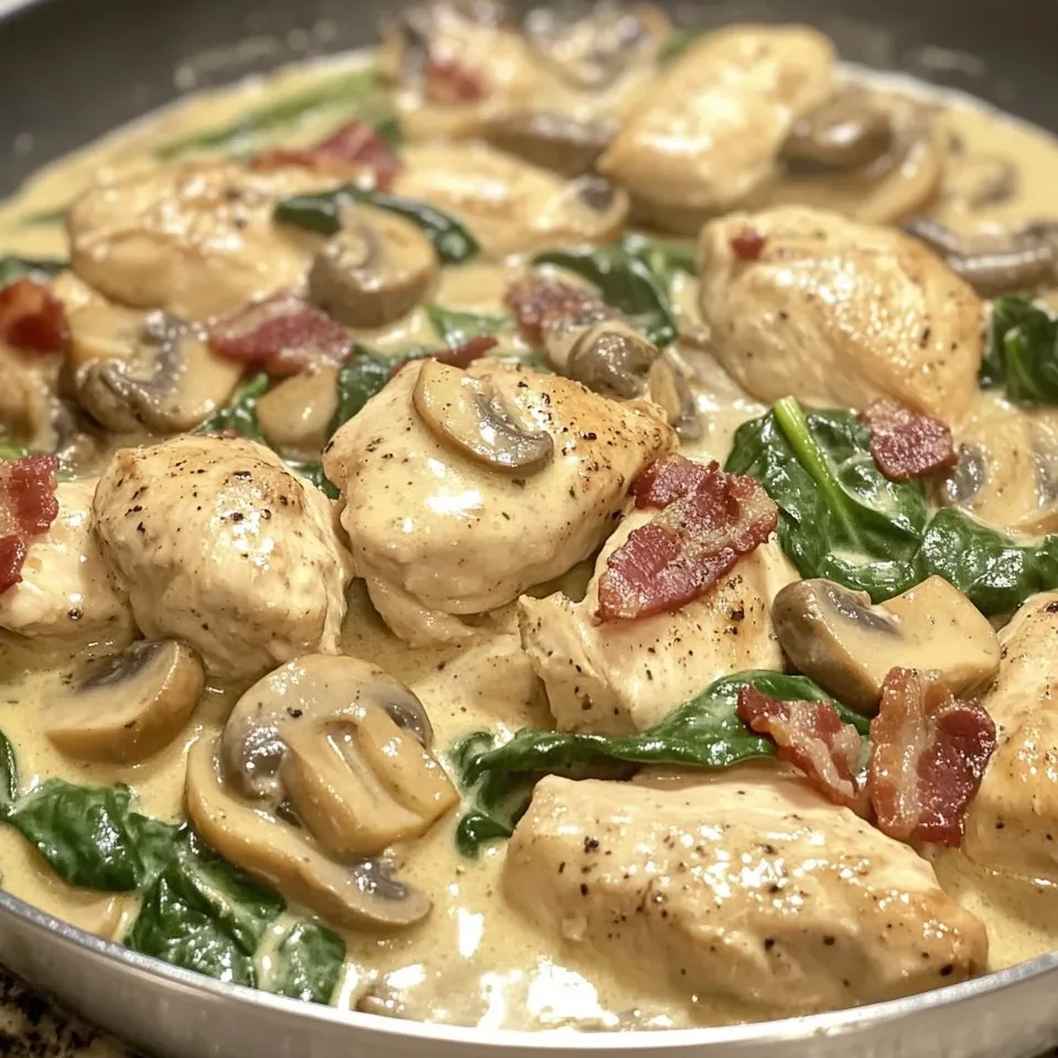Pollo con Champiñones y Espinacas con Tocino en Salsa Cremosa