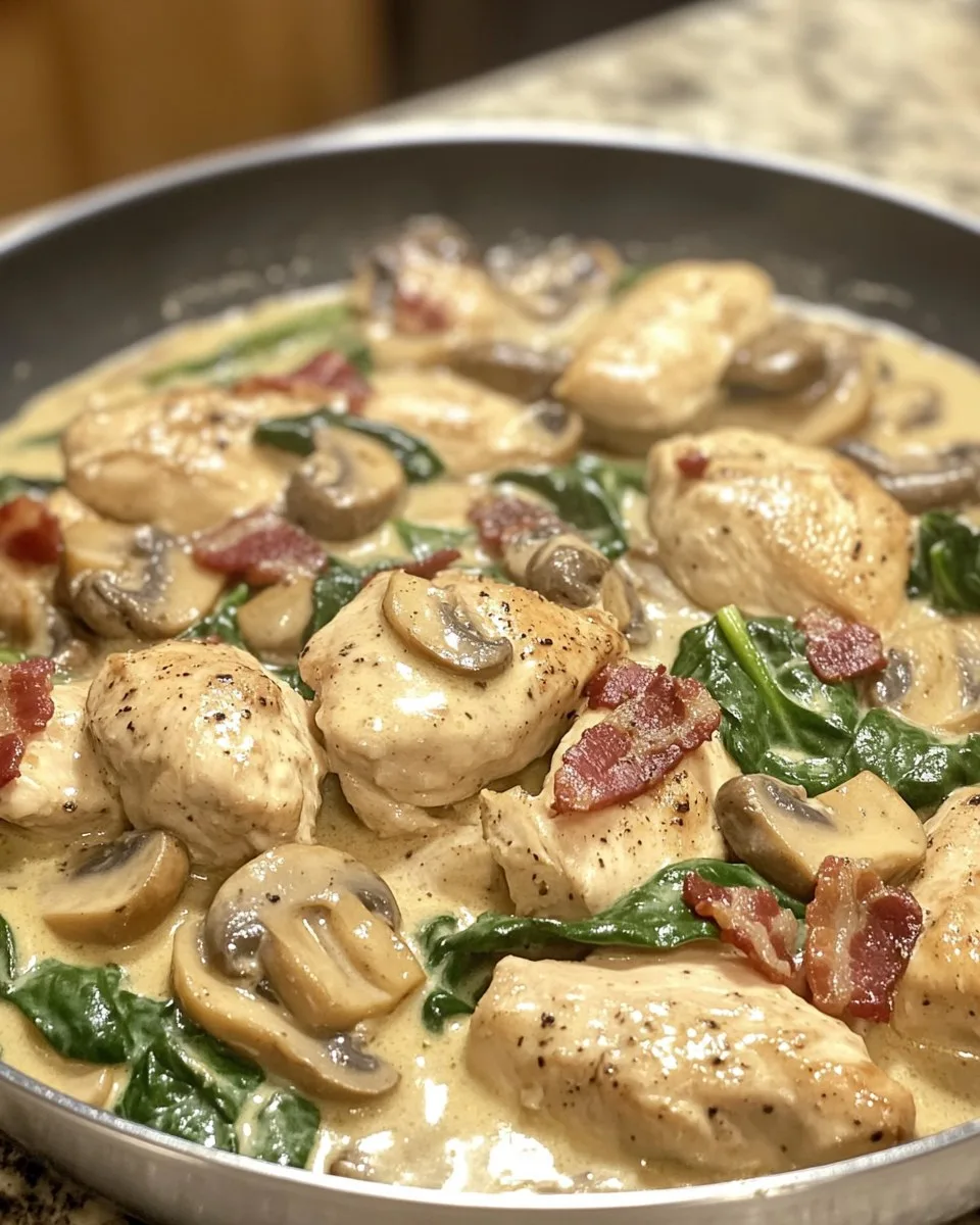 Pollo con Champiñones y Espinacas con Tocino en Salsa Cremosa