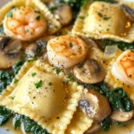 Raviolis con Mariscos, Espinacas y Champiñones en Salsa de Ajo