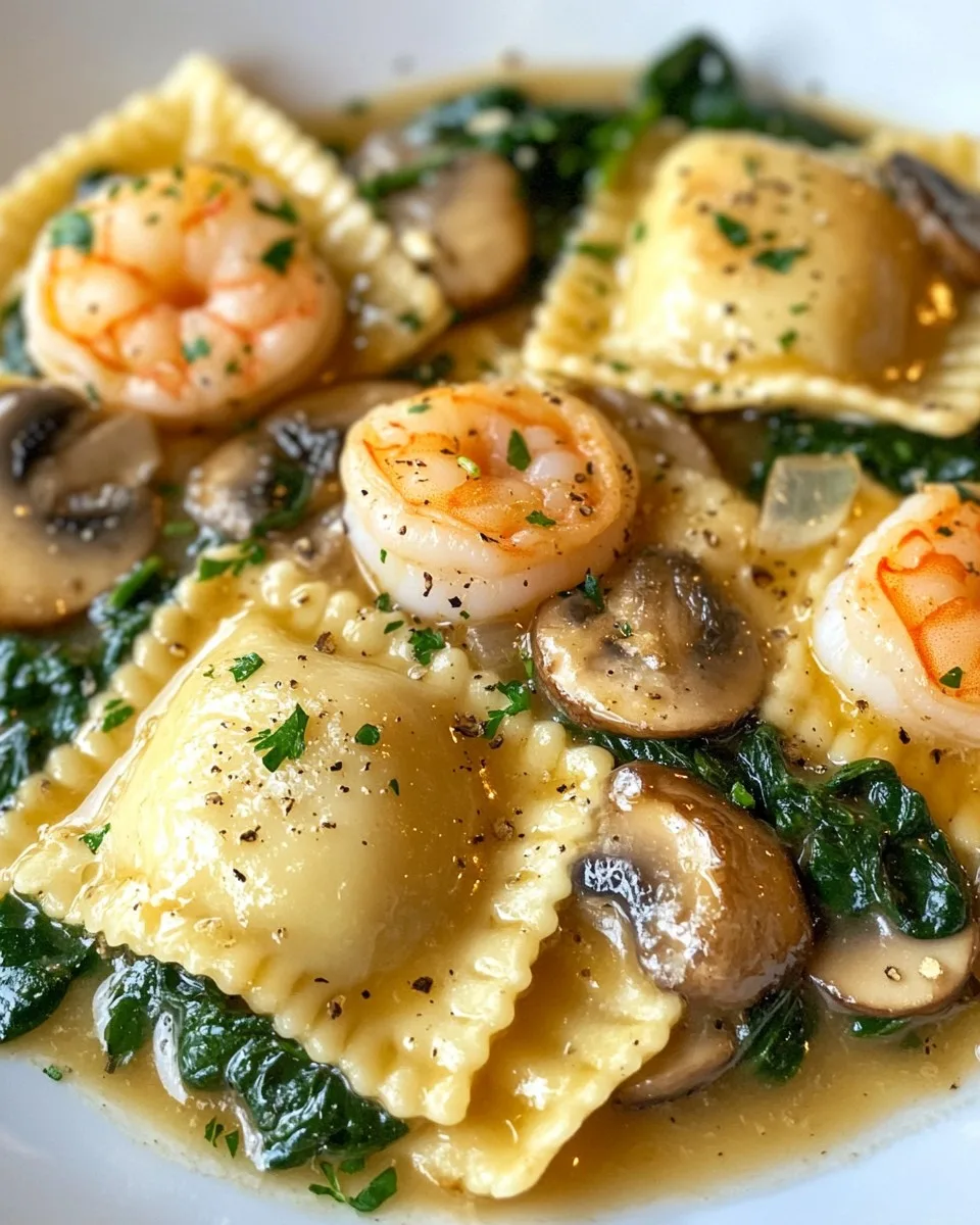 Raviolis con Mariscos, Espinacas y Champiñones en Salsa de Ajo