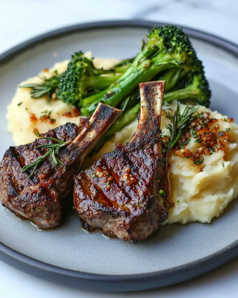 Chuletas de Cordero a la Parrilla con Puré de Patatas y Brócoli