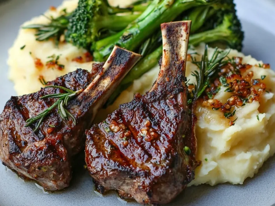 Chuletas de Cordero a la Parrilla con Puré de Patatas y Brócoli
