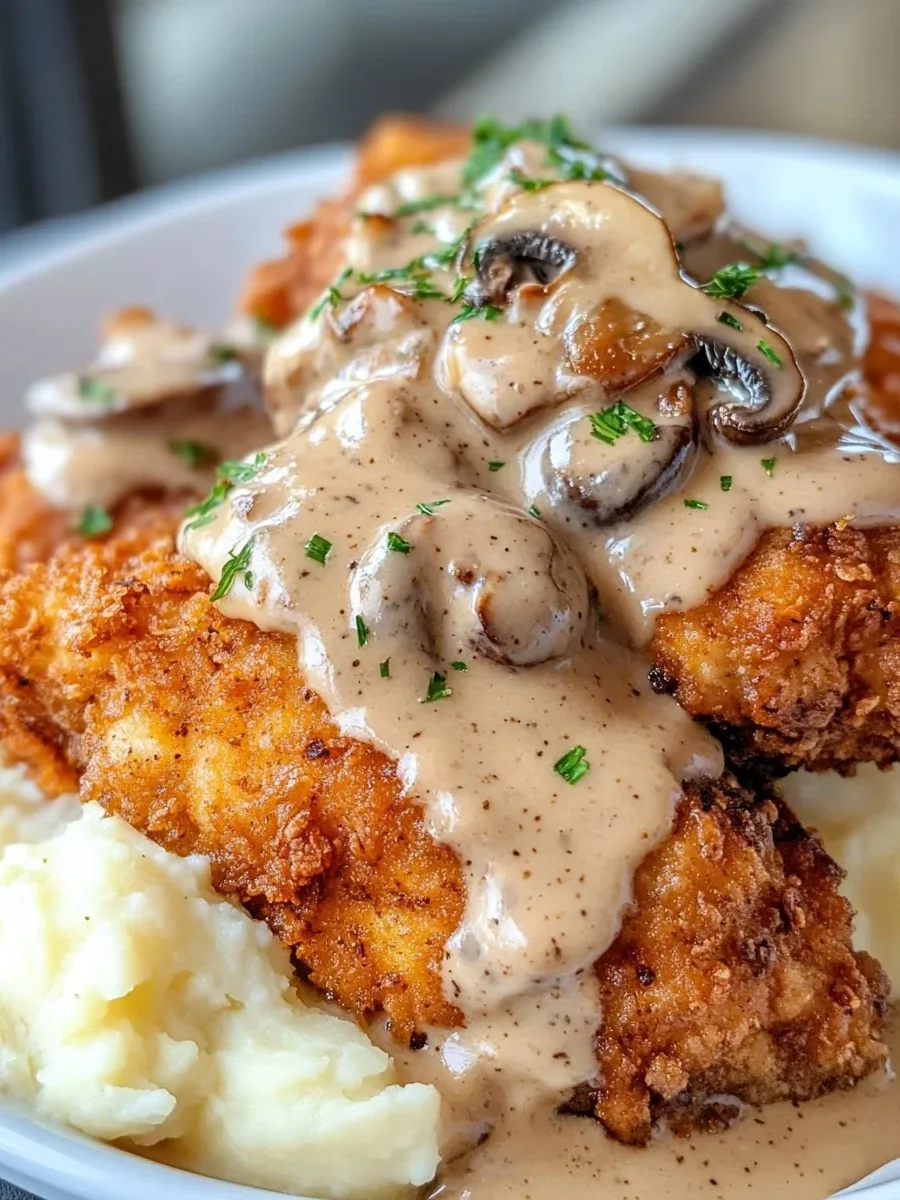 Pollo Frito con Salsa de Champiñones y Puré de Papas