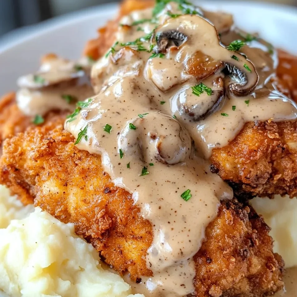 Pollo Frito con Salsa de Champiñones y Puré de Papas
