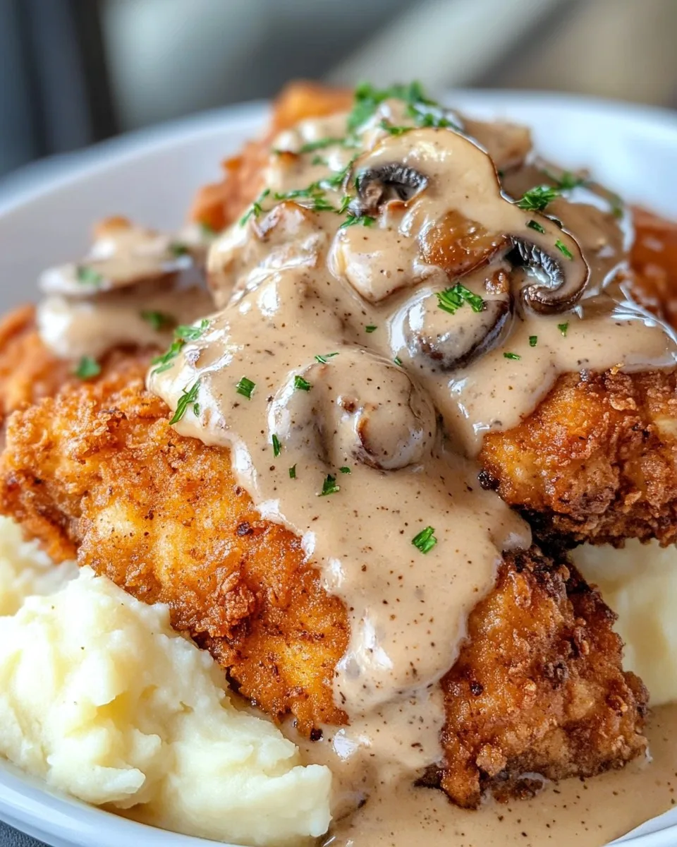 Pollo Frito con Salsa de Champiñones y Puré de Papas