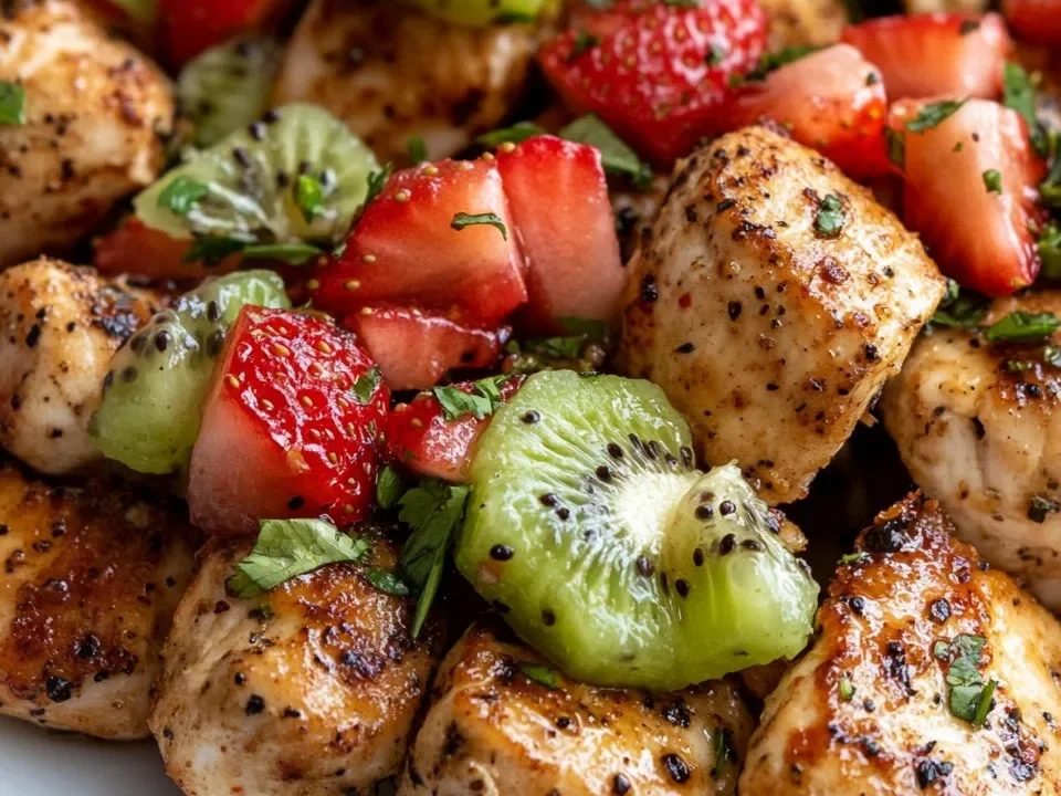 Bocados de Pollo al Ajo con Salsa de Kiwi y Fresa
