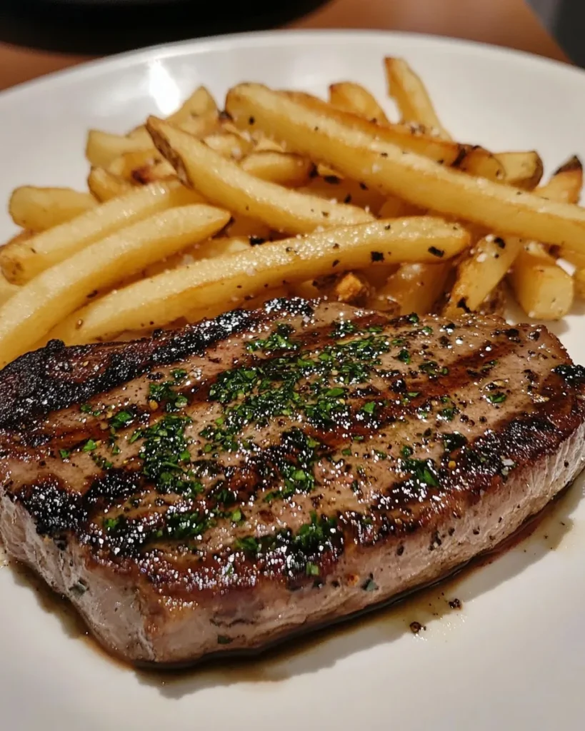 Ribeye a la Mantequilla de Ajo Aromática con Papas Fritas Crujientes