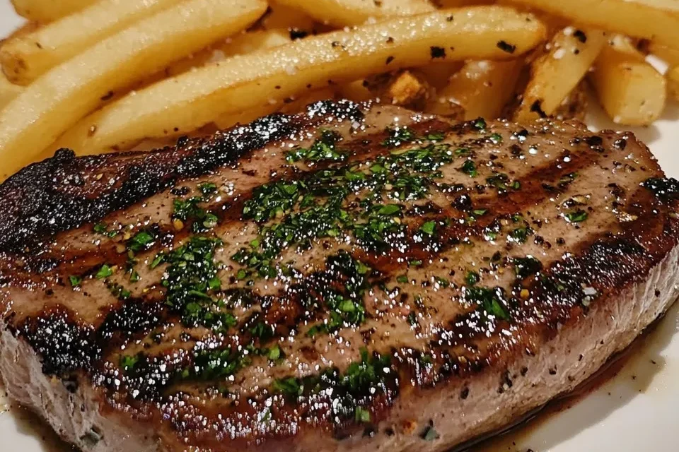 Ribeye a la Mantequilla de Ajo Aromática con Papas Fritas Crujientes