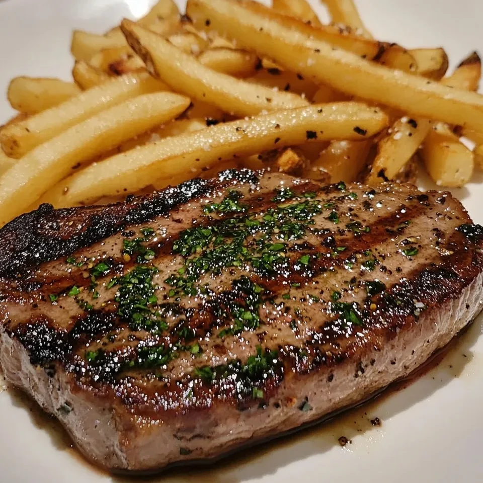 Ribeye a la Mantequilla de Ajo Aromática con Papas Fritas Crujientes