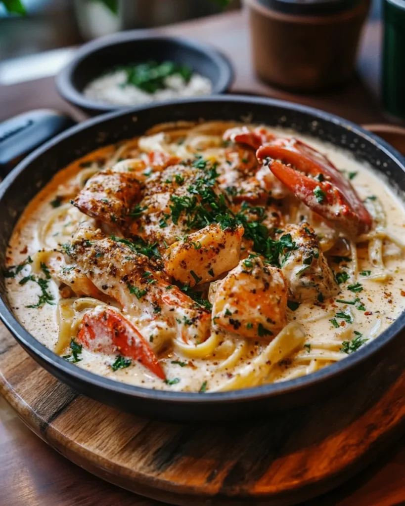 Alfredo de Mariscos al Estilo Cajún con Langosta, Cangrejo y Salmón