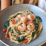 Pasta con Camarones Salteados y Espinacas