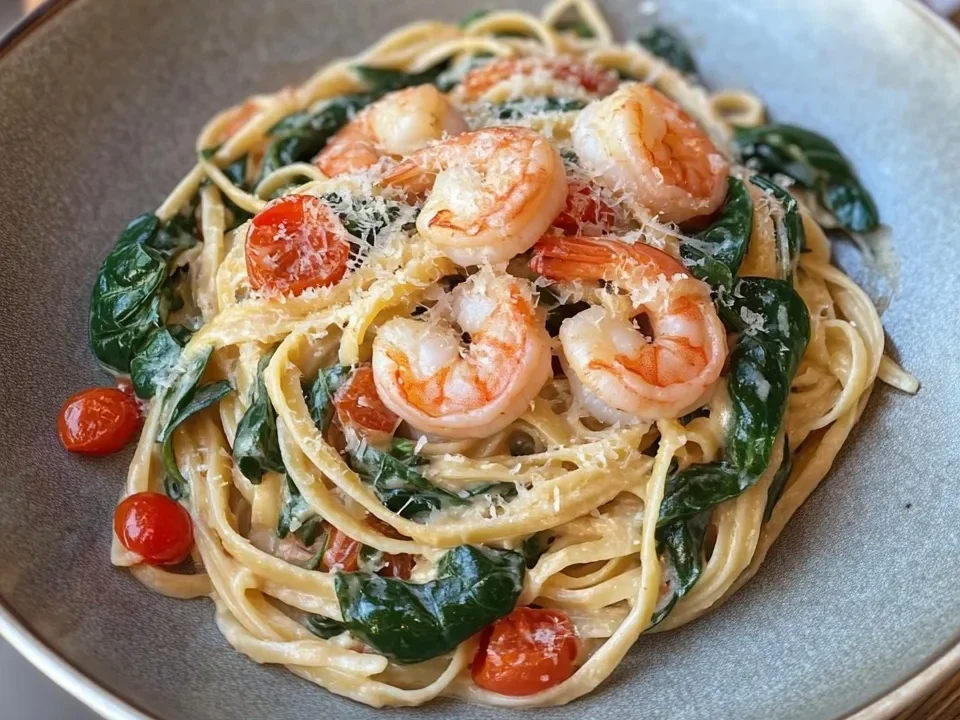 Pasta con Camarones Salteados y Espinacas