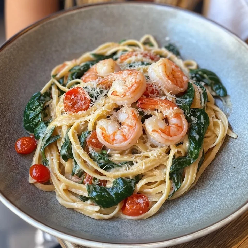 Pasta con Camarones Salteados y Espinacas