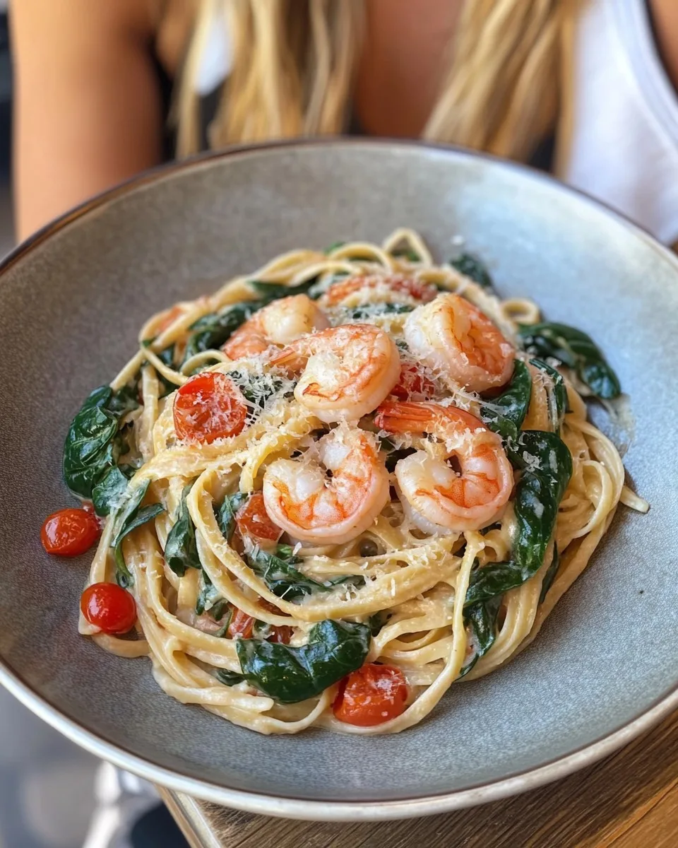Pasta con Camarones Salteados y Espinacas