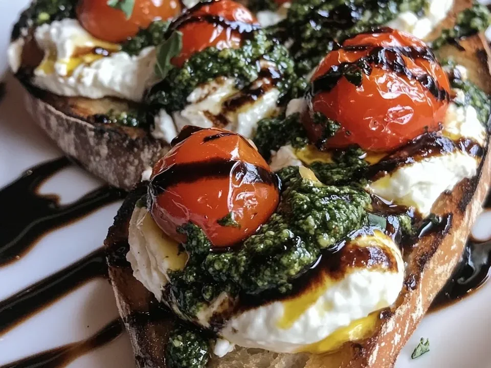 Bruschetta con Burrata, Pesto y Tomates Asados