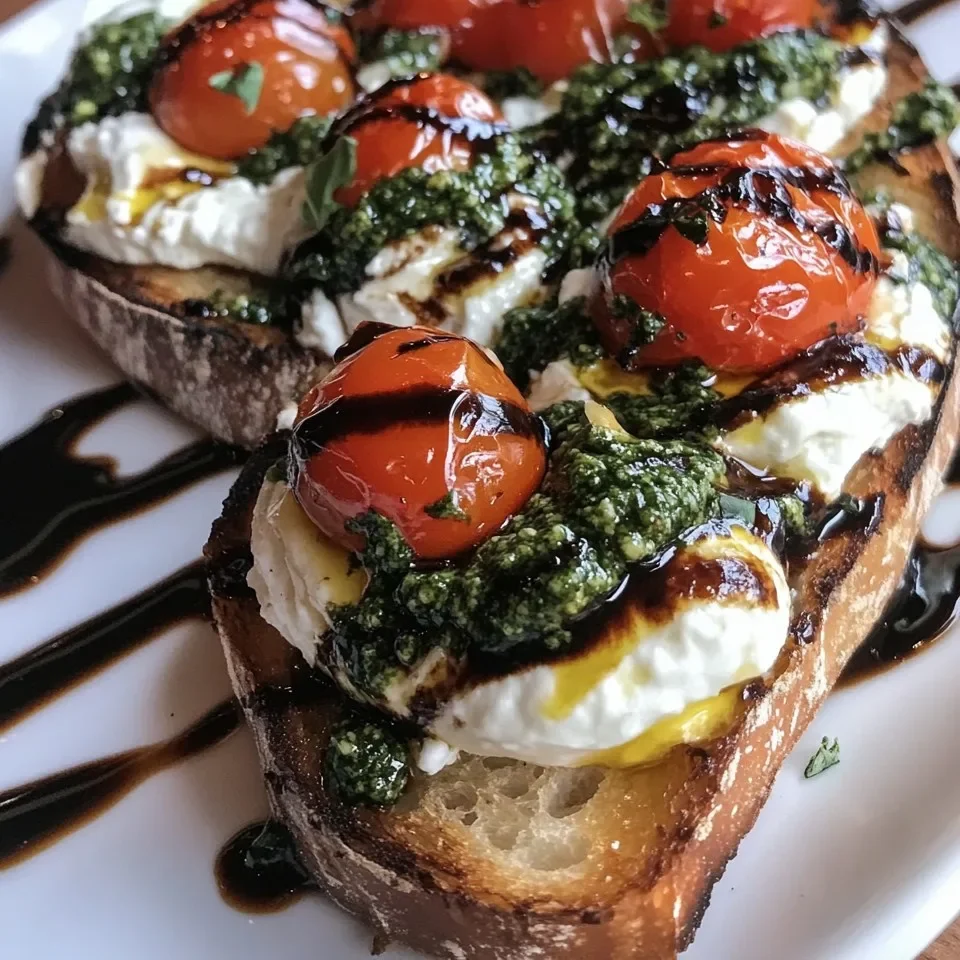 Bruschetta con Burrata, Pesto y Tomates Asados