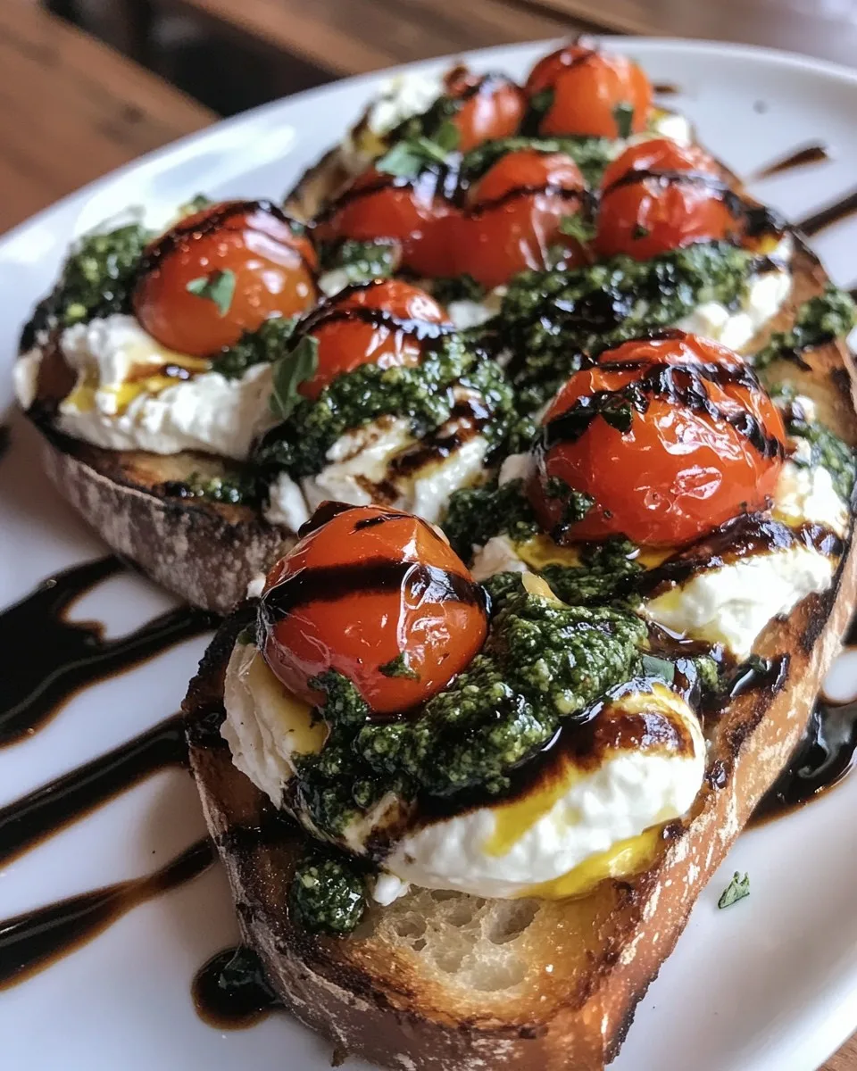 Bruschetta con Burrata, Pesto y Tomates Asados