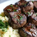 Bocaditos de Carne con Mantequilla de Ajo y Puré de Papas