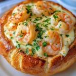 Tazón de pan con camarones al ajo y queso