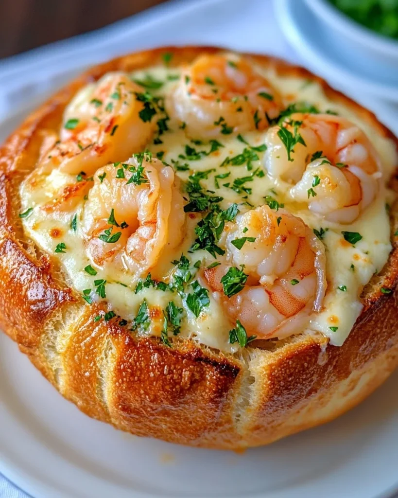 Tazón de pan con camarones al ajo y queso