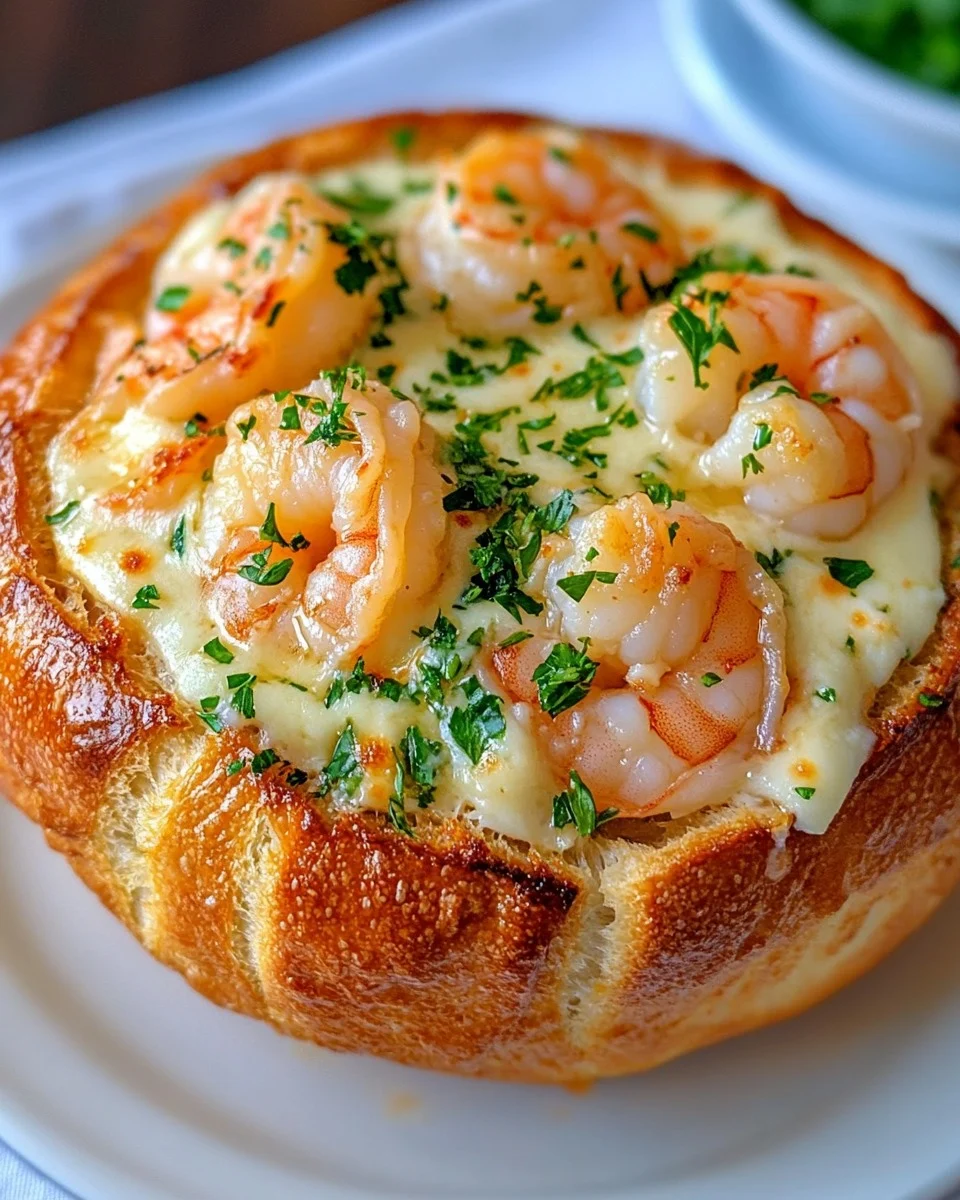 Tazón de pan con camarones al ajo y queso