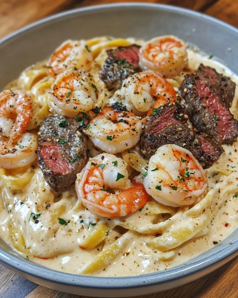 Pasta Cremosa con Camarones y Carne Cajún