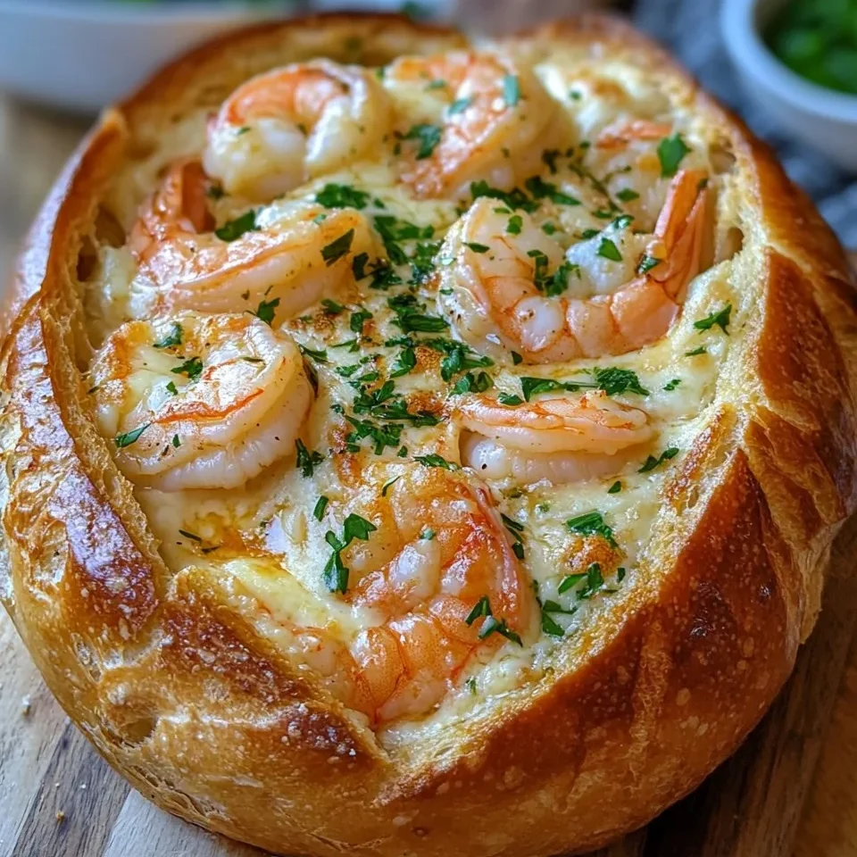 Tazón de pan con camarones al ajo y queso